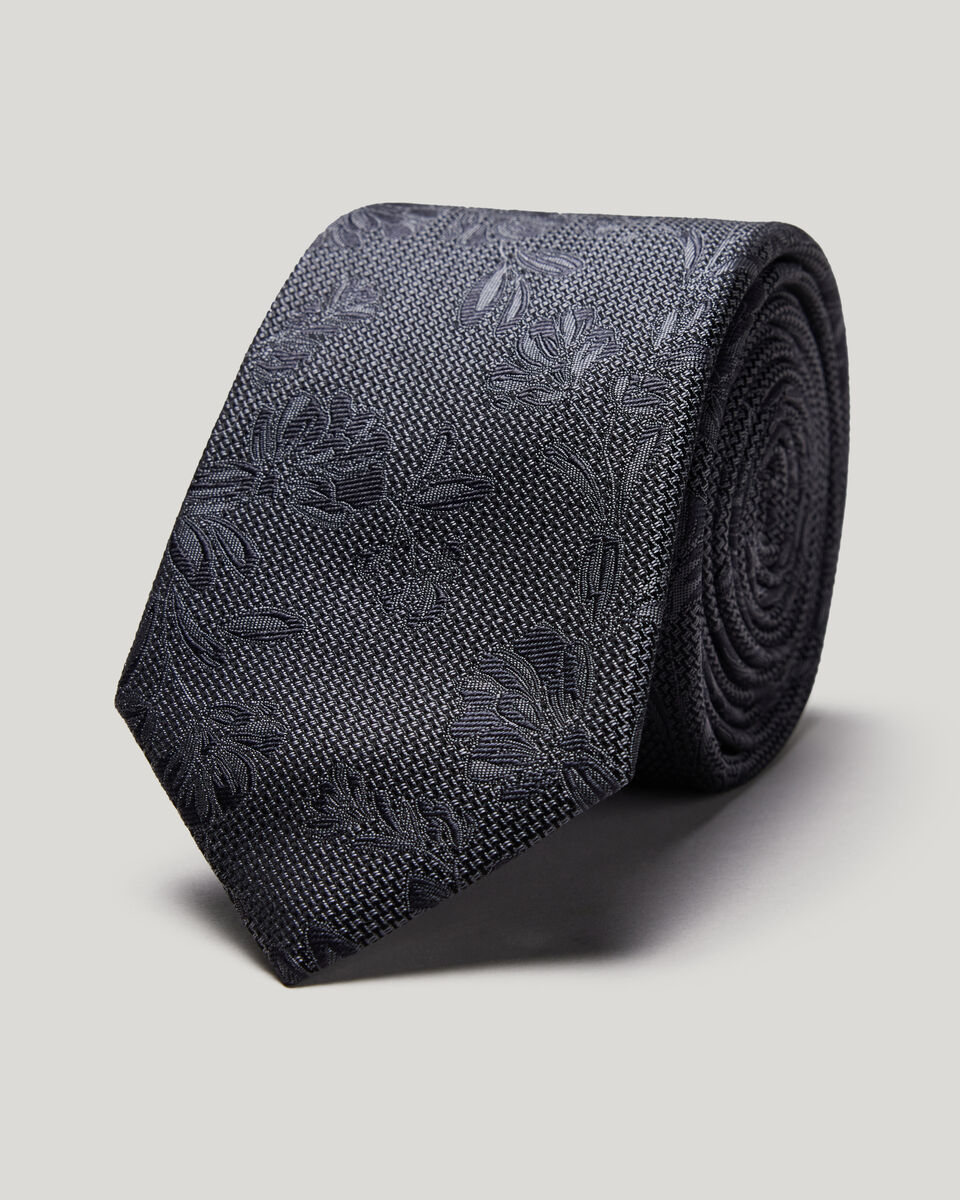 Silk Jacquard Floral Tie, Grey, hi-res